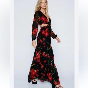 NWT Nasty Gal Chiffon Floral Print Cut Out Maxi Dress night out chic Size 6 US